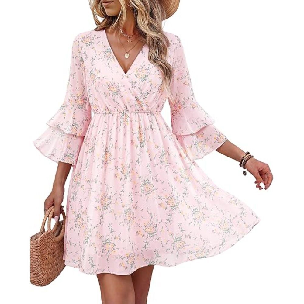 Women's Multi Pink V Neck A Line 3/4 Ruffle Sleeve A Line Mini Dress